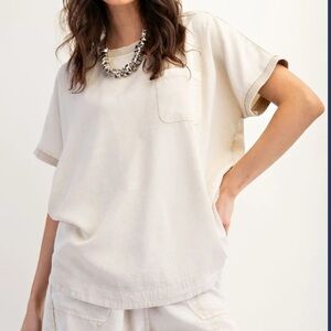 Easel - ET71172 Khaki Mineral Washed Woven Top Small color taupe MINERAL WASHED